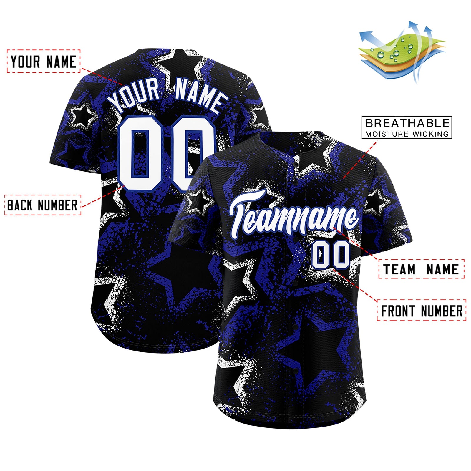 Custom Black White Royal Blue Star-Shaped Ink Texture Graffiti Pattern Baseball Jersey | Sublimation Printed & Stitched,Add Name and Numbern,Perfect for Parties,Perfect for Training | KXKSHOP