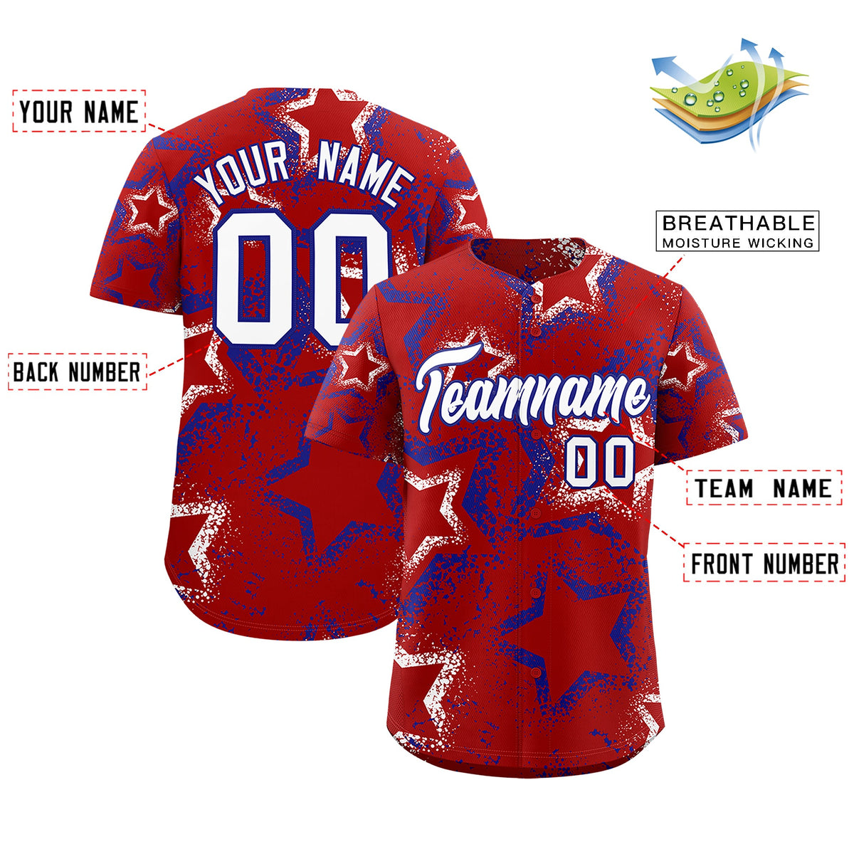 Custom Red White Royal Blue Star-Shaped Ink Texture Graffiti Pattern Baseball Jersey | Sublimation Printed &amp; Stitched,Add Name and Numbern,Perfect for Parties,Perfect for Training | KXKSHOP