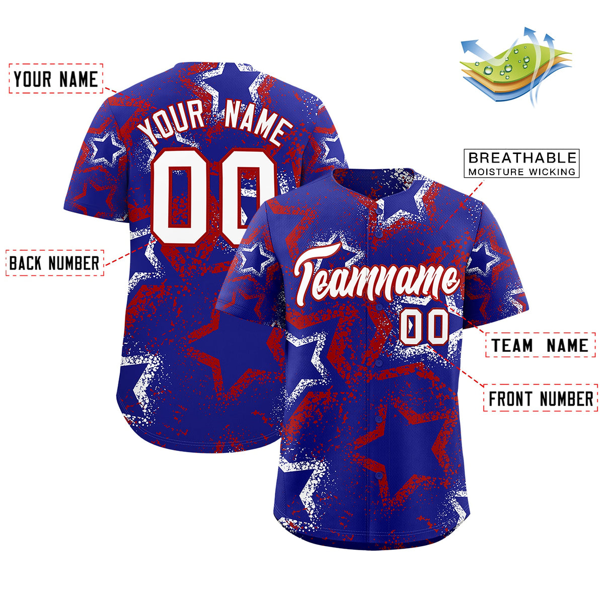 Custom Royal Blue White Red Star-Shaped Ink Texture Graffiti Pattern Baseball Jersey | Sublimation Printed &amp; Stitched,Add Name and Numbern,Perfect for Parties,Perfect for Training | KXKSHOP