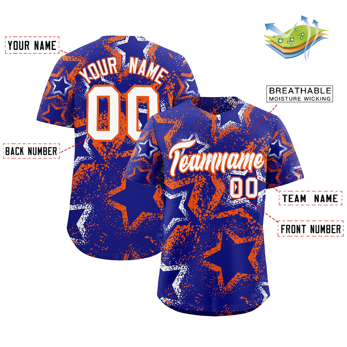 Custom Royal Blue White Orange Star-Shaped Ink Texture Graffiti Pattern Baseball Jersey | Sublimation Printed &amp; Stitched,Add Name and Numbern,Perfect for Parties,Perfect for Training | KXKSHOP