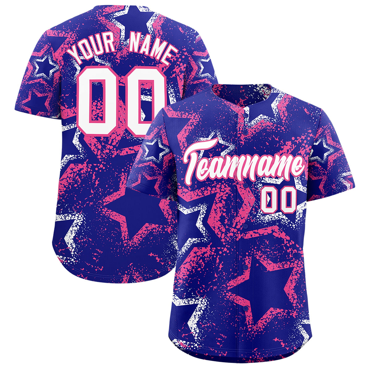 Custom Royal Blue White Pink Star-Shaped Ink Texture Graffiti Pattern Baseball Jersey | Sublimation Printed &amp; Stitched,Add Name and Numbern,Perfect for Parties,Perfect for Training | KXKSHOP