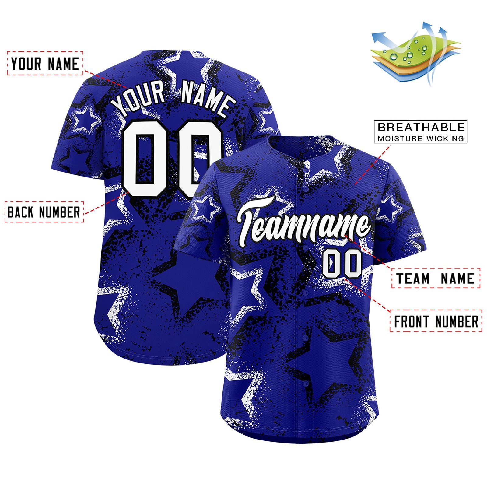 Custom Royal Blue Black White Star-Shaped Ink Texture Graffiti Pattern Baseball Jersey | Sublimation Printed & Stitched,Add Name and Numbern,Perfect for Parties,Perfect for Training | KXKSHOP