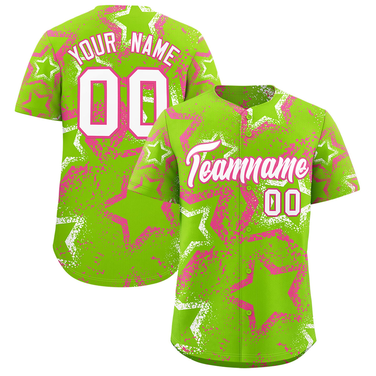Custom Neon Green Pink White Star-Shaped Ink Texture Graffiti Pattern Baseball Jersey | Sublimation Printed &amp; Stitched,Add Name and Numbern,Perfect for Parties,Perfect for Training | KXKSHOP