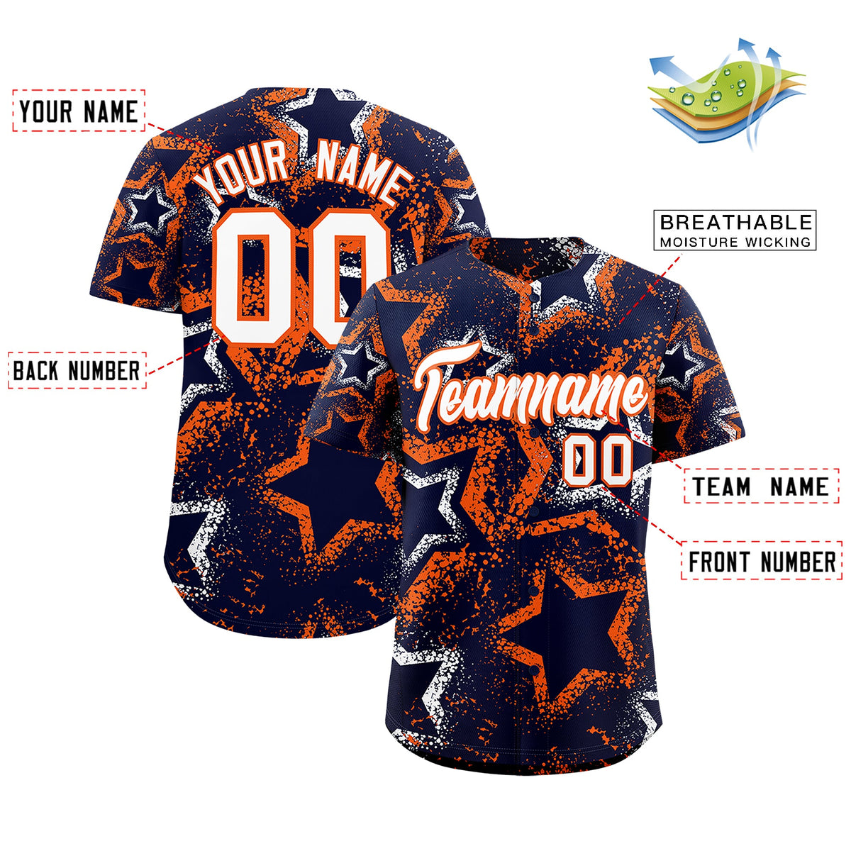 Custom Navy White Orange Star-Shaped Ink Texture Graffiti Pattern Baseball Jersey | Sublimation Printed & Stitched,Add Name and Numbern,Perfect for Parties,Perfect for Training | KXKSHOP