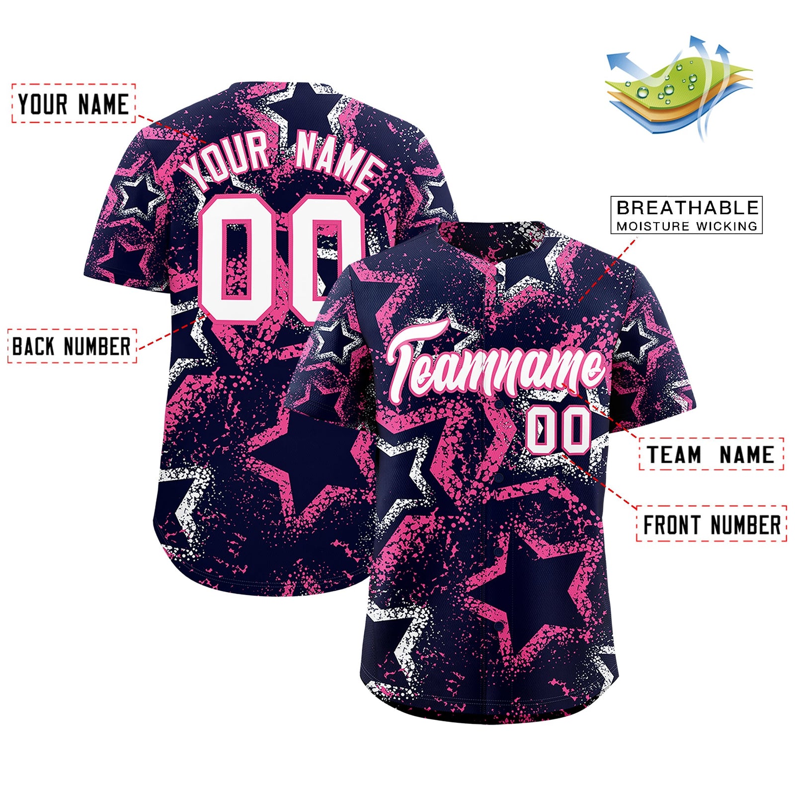 Custom Navy White Pink Star-Shaped Ink Texture Graffiti Pattern Baseball Jersey | Sublimation Printed & Stitched,Add Name and Numbern,Perfect for Parties,Perfect for Training | KXKSHOP