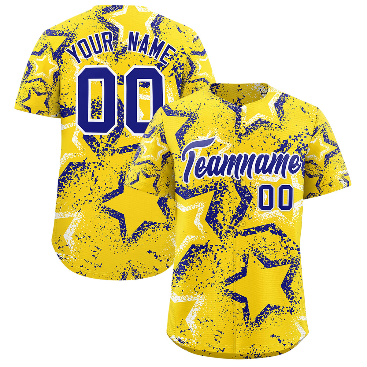 Custom Gold White Royal Blue Star-Shaped Ink Texture Graffiti Pattern Baseball Jersey | Sublimation Printed &amp; Stitched,Add Name and Numbern,Perfect for Parties,Perfect for Training | KXKSHOP
