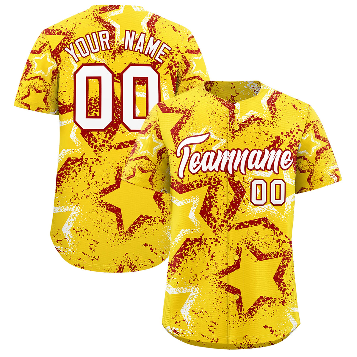 Custom Gold White Red Star-Shaped Ink Texture Graffiti Pattern Baseball Jersey | Sublimation Printed &amp; Stitched,Add Name and Numbern,Perfect for Parties,Perfect for Training | KXKSHOP