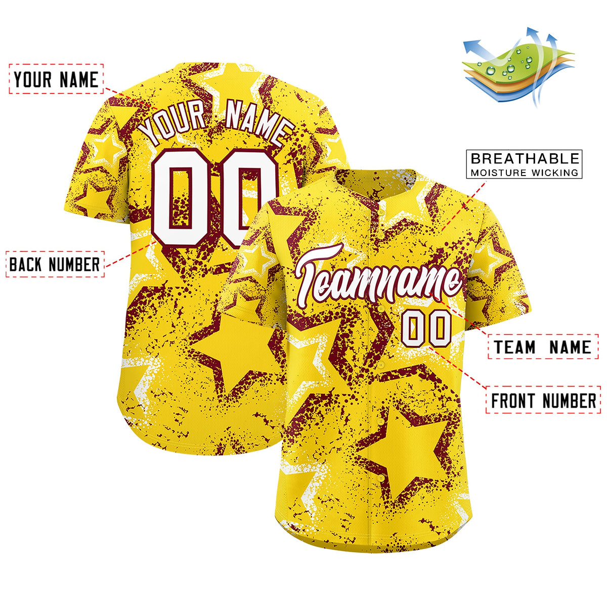 Custom Gold White Crimson Star-Shaped Ink Texture Graffiti Pattern Baseball Jersey | Sublimation Printed &amp; Stitched,Add Name and Numbern,Perfect for Parties,Perfect for Training | KXKSHOP