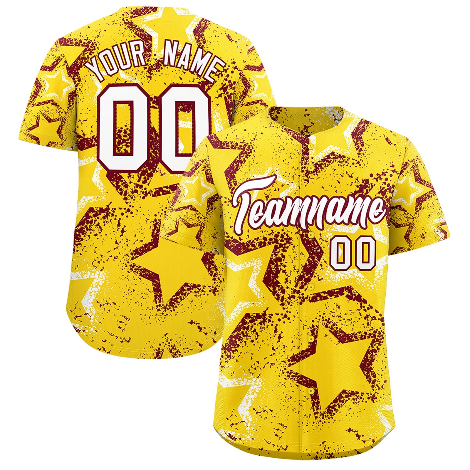 Custom Gold White Crimson Star-Shaped Ink Texture Graffiti Pattern Baseball Jersey | Sublimation Printed & Stitched,Add Name and Numbern,Perfect for Parties,Perfect for Training | KXKSHOP