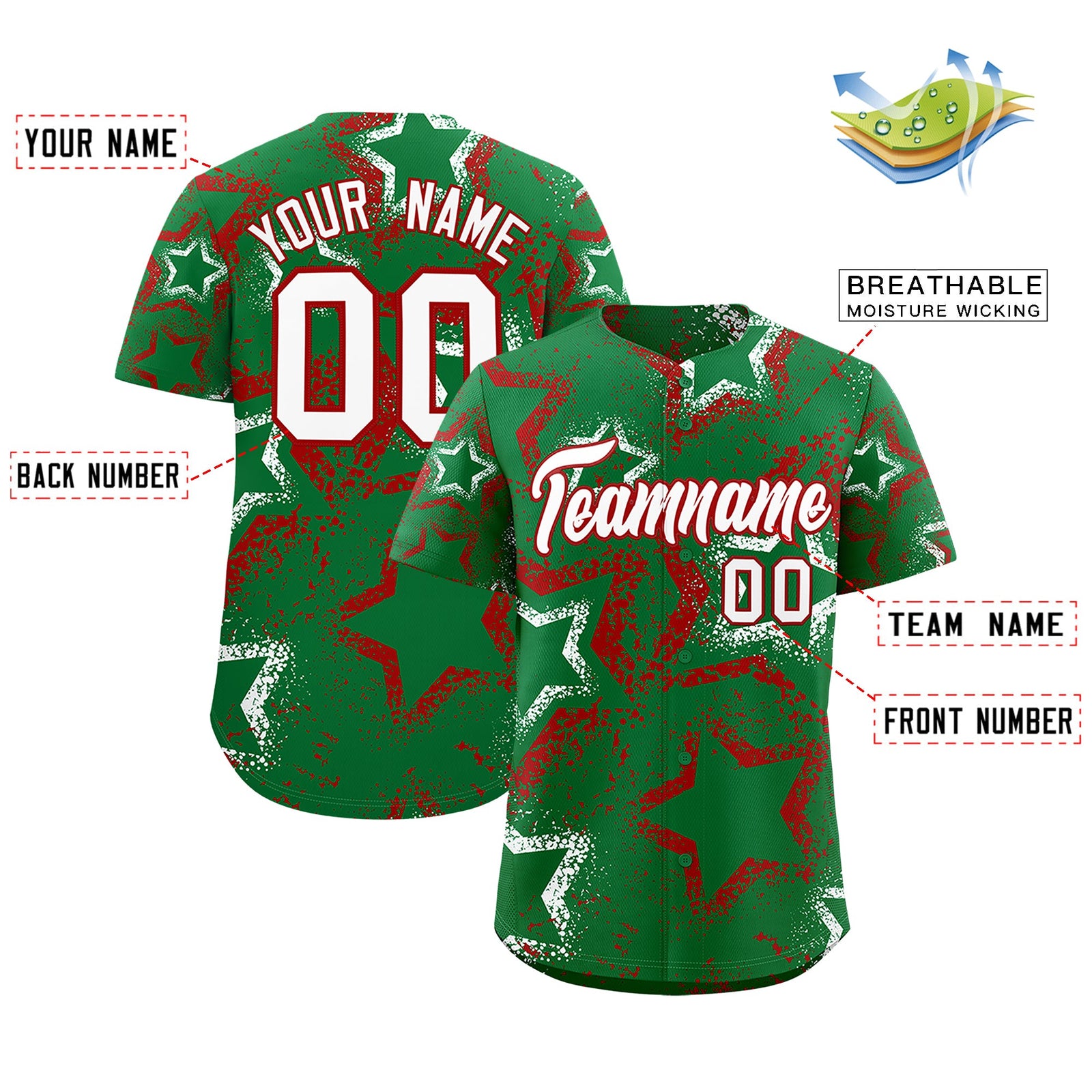 Custom Kelly Green White Red Star-Shaped Ink Texture Graffiti Pattern Baseball Jersey | Sublimation Printed & Stitched,Add Name and Numbern,Perfect for Parties,Perfect for Training | KXKSHOP