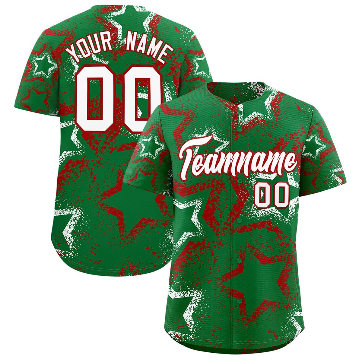Custom Kelly Green White Red Star-Shaped Ink Texture Graffiti Pattern Baseball Jersey | Sublimation Printed & Stitched,Add Name and Numbern,Perfect for Parties,Perfect for Training | KXKSHOP