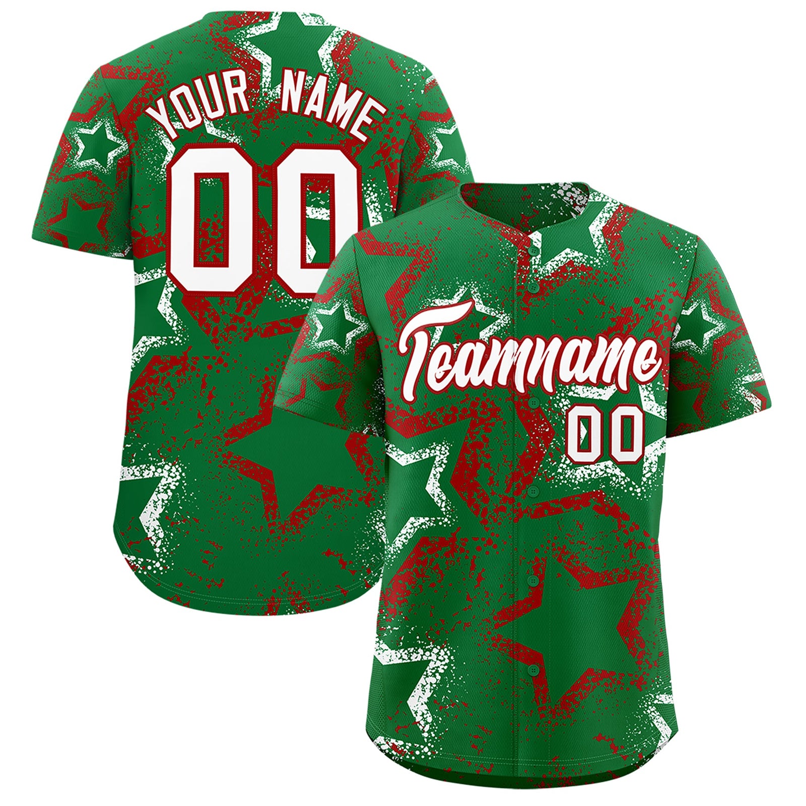 Custom Kelly Green White Red Star-Shaped Ink Texture Graffiti Pattern Baseball Jersey | Sublimation Printed & Stitched,Add Name and Numbern,Perfect for Parties,Perfect for Training | KXKSHOP