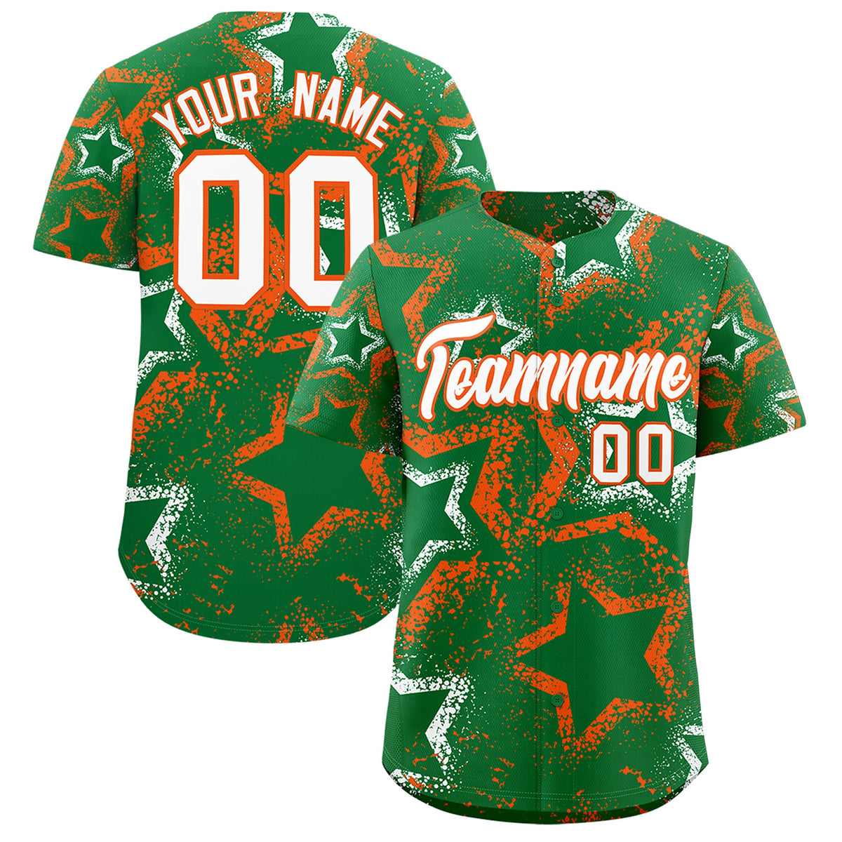 Custom Kelly Green White Orange Star-Shaped Ink Texture Graffiti Pattern Baseball Jersey | Sublimation Printed & Stitched,Add Name and Numbern,Perfect for Parties,Perfect for Training | KXKSHOP