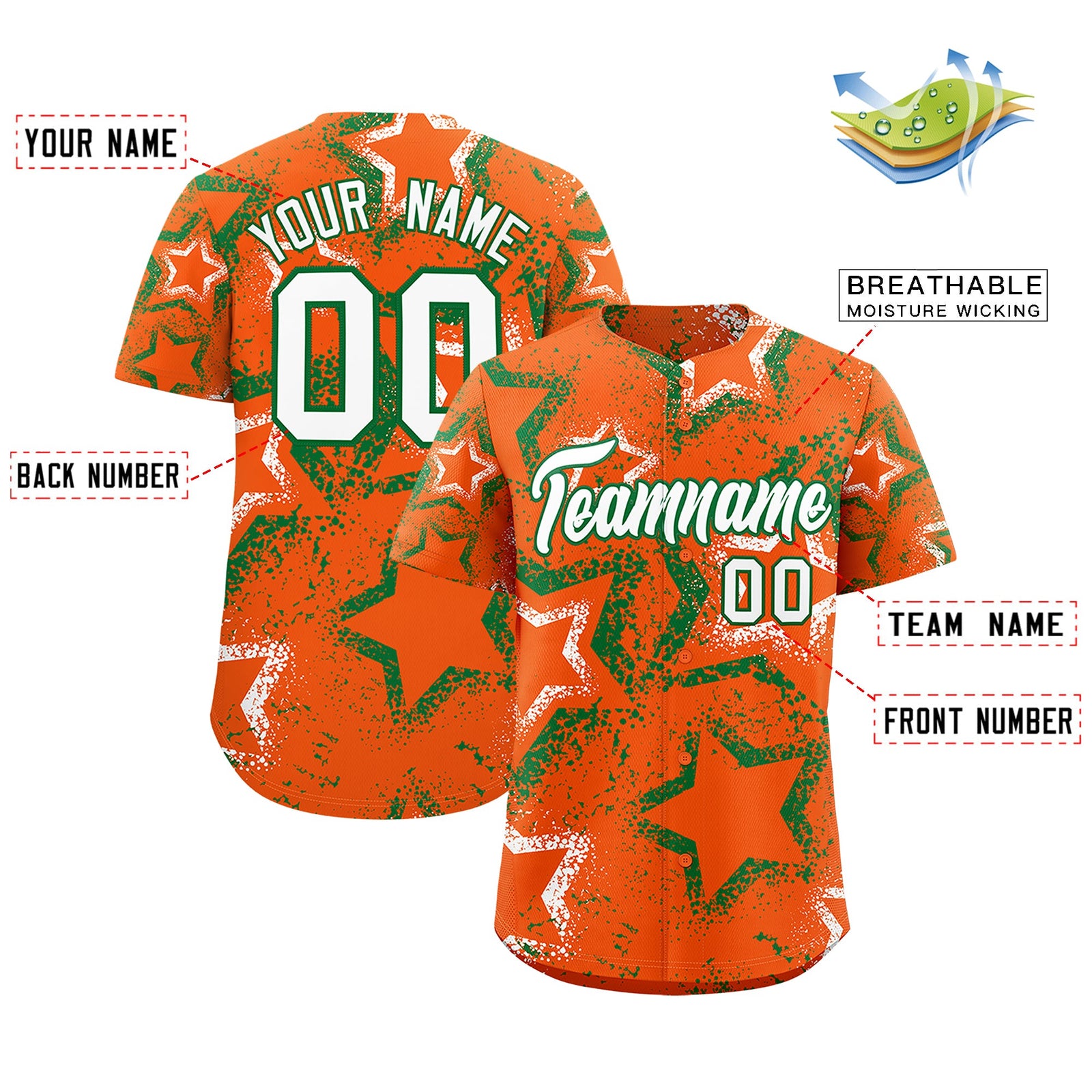 Custom Orange White Kelly Green Star-Shaped Ink Texture Graffiti Pattern Baseball Jersey | Sublimation Printed & Stitched,Add Name and Numbern,Perfect for Parties,Perfect for Training | KXKSHOP