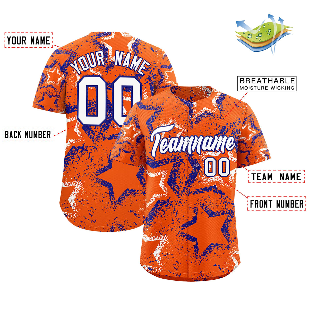 Custom Orange White Royal Blue Star-Shaped Ink Texture Graffiti Pattern Baseball Jersey | Sublimation Printed &amp; Stitched,Add Name and Numbern,Perfect for Parties,Perfect for Training | KXKSHOP