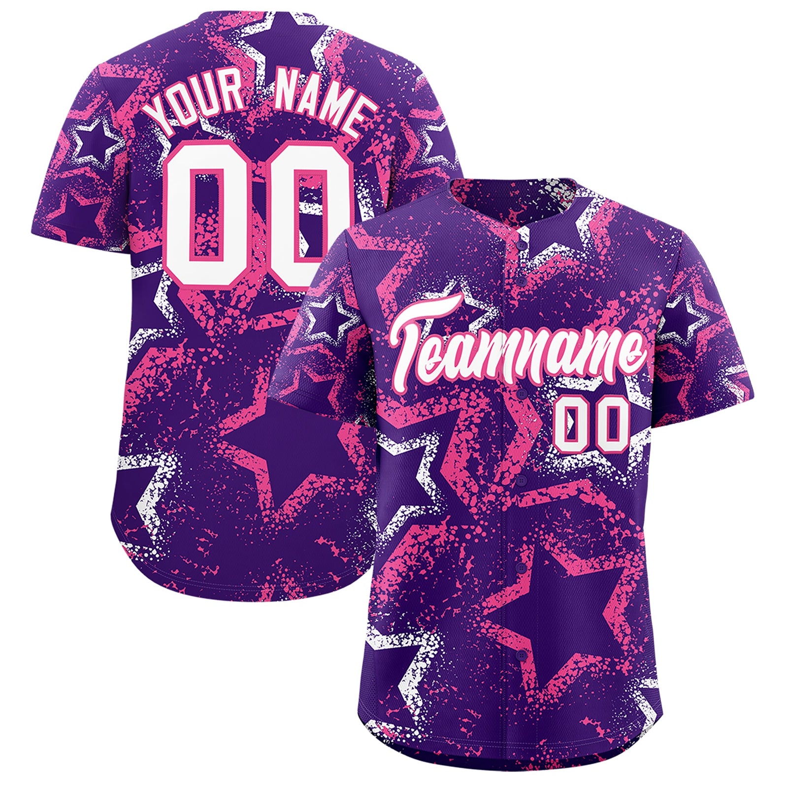 Custom Purple White Pink Star-Shaped Ink Texture Graffiti Pattern Baseball Jersey | Sublimation Printed & Stitched,Add Name and Numbern,Perfect for Parties,Perfect for Training | KXKSHOP