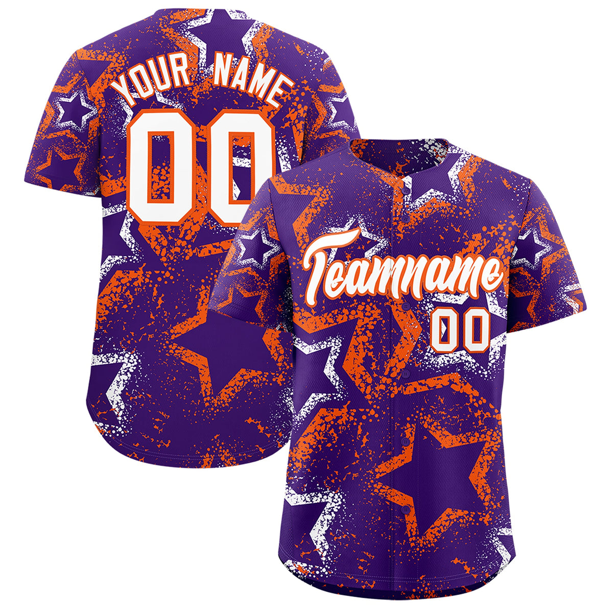 Custom Purple White Orange Star-Shaped Ink Texture Graffiti Pattern Baseball Jersey | Sublimation Printed & Stitched,Add Name and Numbern,Perfect for Parties,Perfect for Training | KXKSHOP