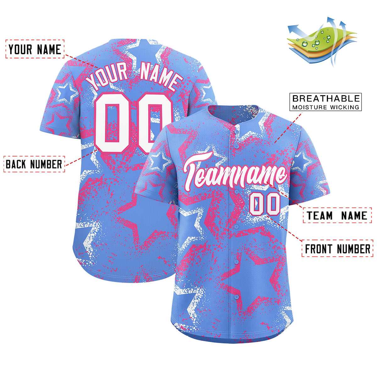 Custom Light Blue White Pink Star-Shaped Ink Texture Graffiti Pattern Baseball Jersey | Sublimation Printed &amp; Stitched,Add Name and Numbern,Perfect for Parties,Perfect for Training | KXKSHOP