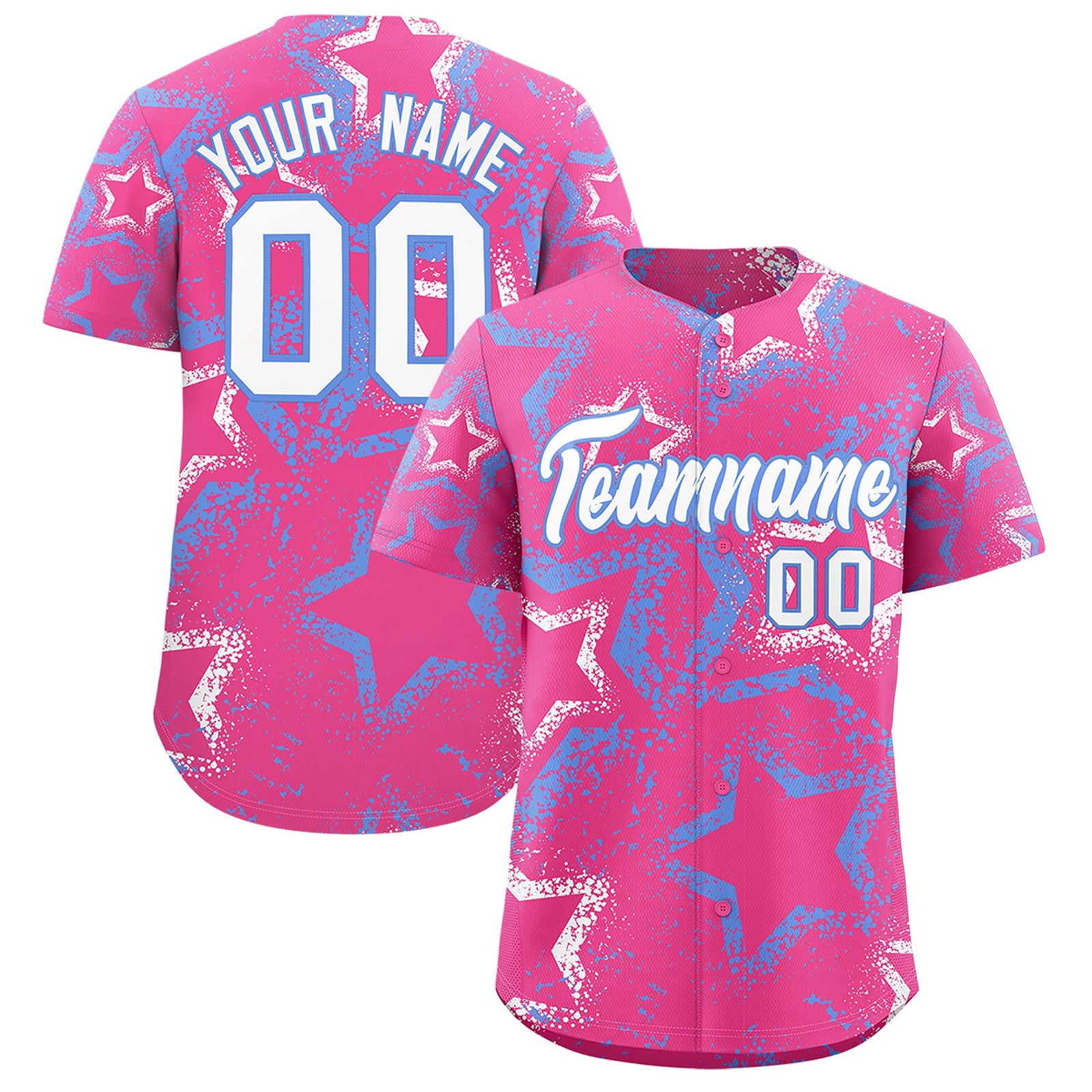 Custom Pink White Light Blue Star-Shaped Ink Texture Graffiti Pattern Baseball Jersey | Sublimation Printed & Stitched,Add Name and Numbern,Perfect for Parties,Perfect for Training | KXKSHOP