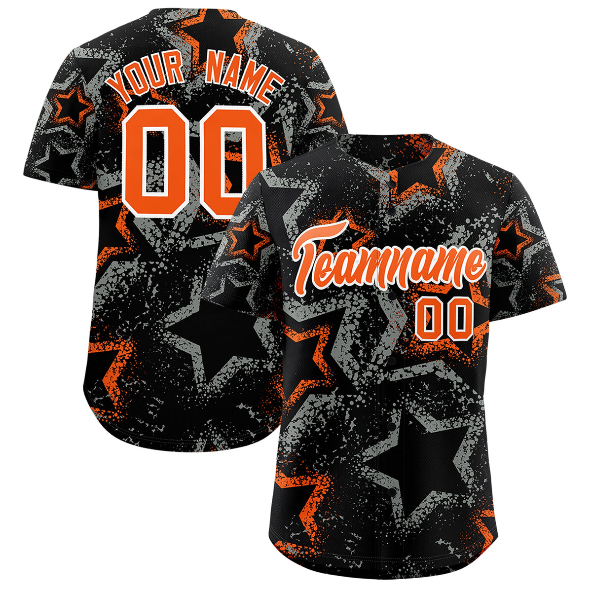 Custom Black Orange White Star-Shaped Ink Texture Graffiti Pattern Baseball Jersey | Sublimation Printed &amp; Stitched,Add Name and Numbern,Perfect for Parties,Perfect for Training | KXKSHOP