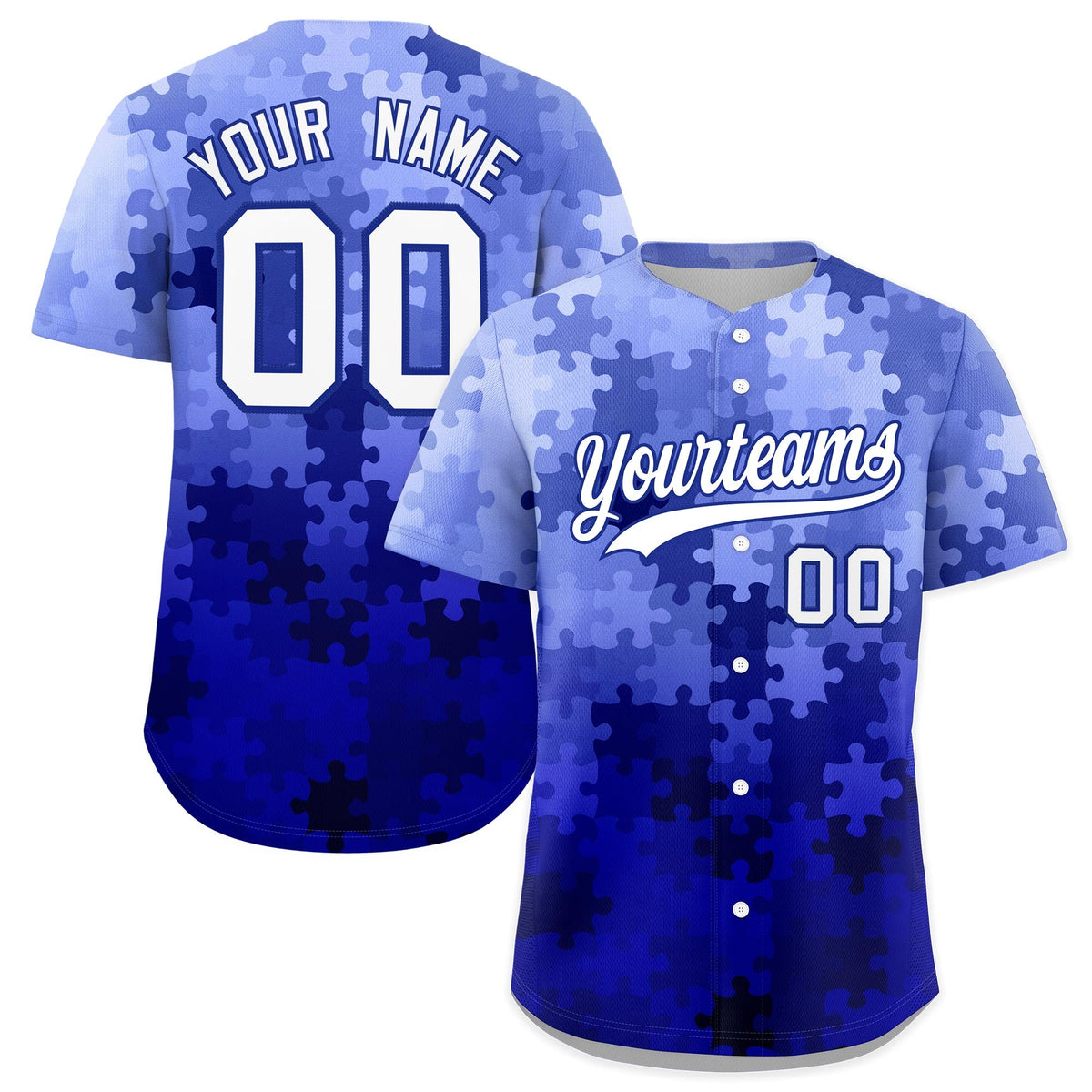 Custom White Royal Blue Puzzle Elements Baseball Jersey | Sublimation Printed &amp; Stitched,Add Name and Numbern,Perfect for Teams | KXKSHOP