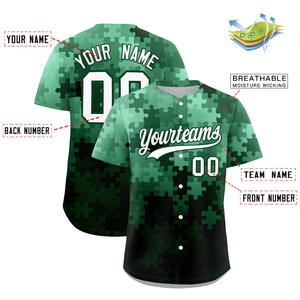 Custom White Green Puzzle Elements Baseball Jersey | Sublimation Printed &amp; Stitched,Add Name and Numbern,Perfect for Teams | KXKSHOP