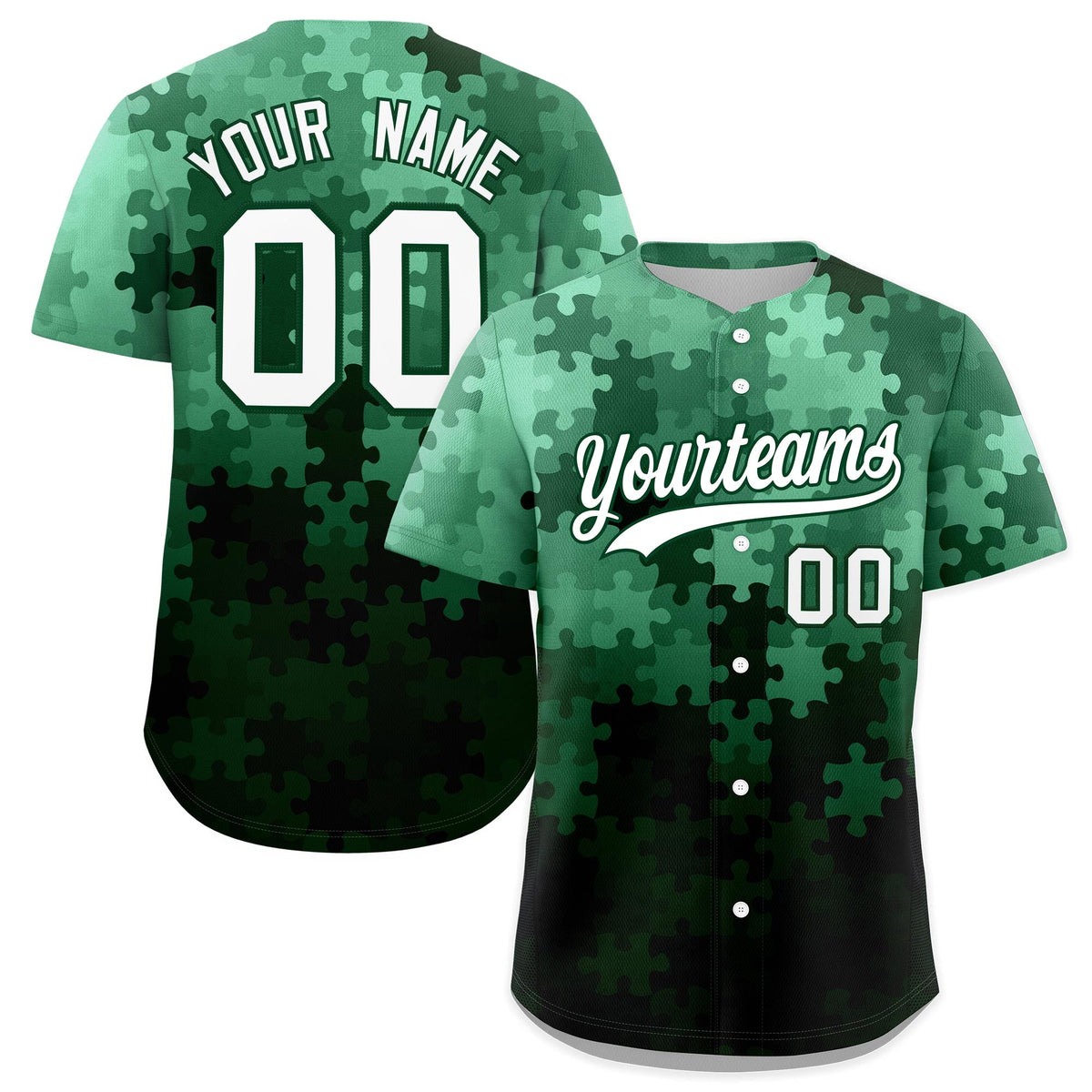 Custom White Green Puzzle Elements Baseball Jersey | Sublimation Printed &amp; Stitched,Add Name and Numbern,Perfect for Teams | KXKSHOP