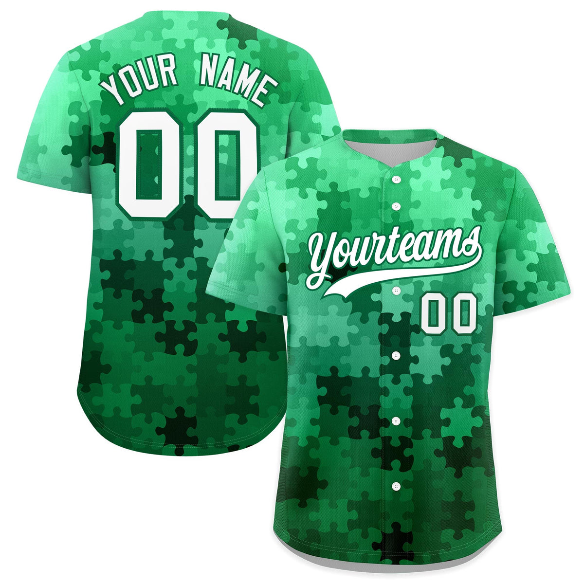 Custom White Kelly Green Puzzle Elements Baseball Jersey | Sublimation Printed &amp; Stitched,Add Name and Numbern,Perfect for Teams | KXKSHOP