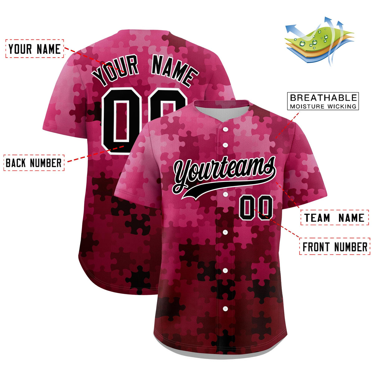 Custom Rose Red Black White Puzzle Elements Baseball Jersey | Sublimation Printed & Stitched,Add Name and Numbern,Perfect for Teams | KXKSHOP