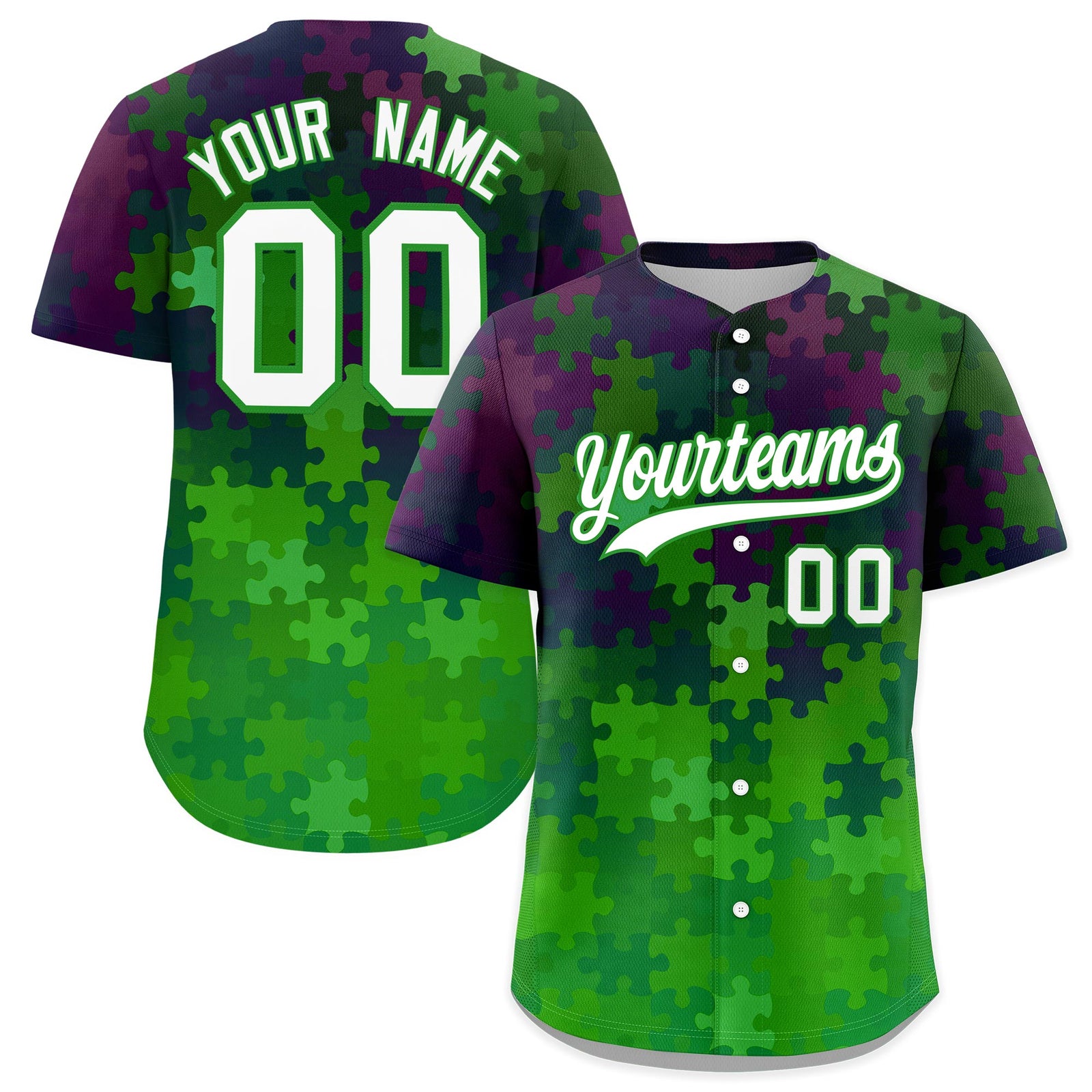 Custom White Light Green Puzzle Elements Baseball Jersey | Sublimation Printed & Stitched,Add Name and Numbern,Perfect for Teams | KXKSHOP