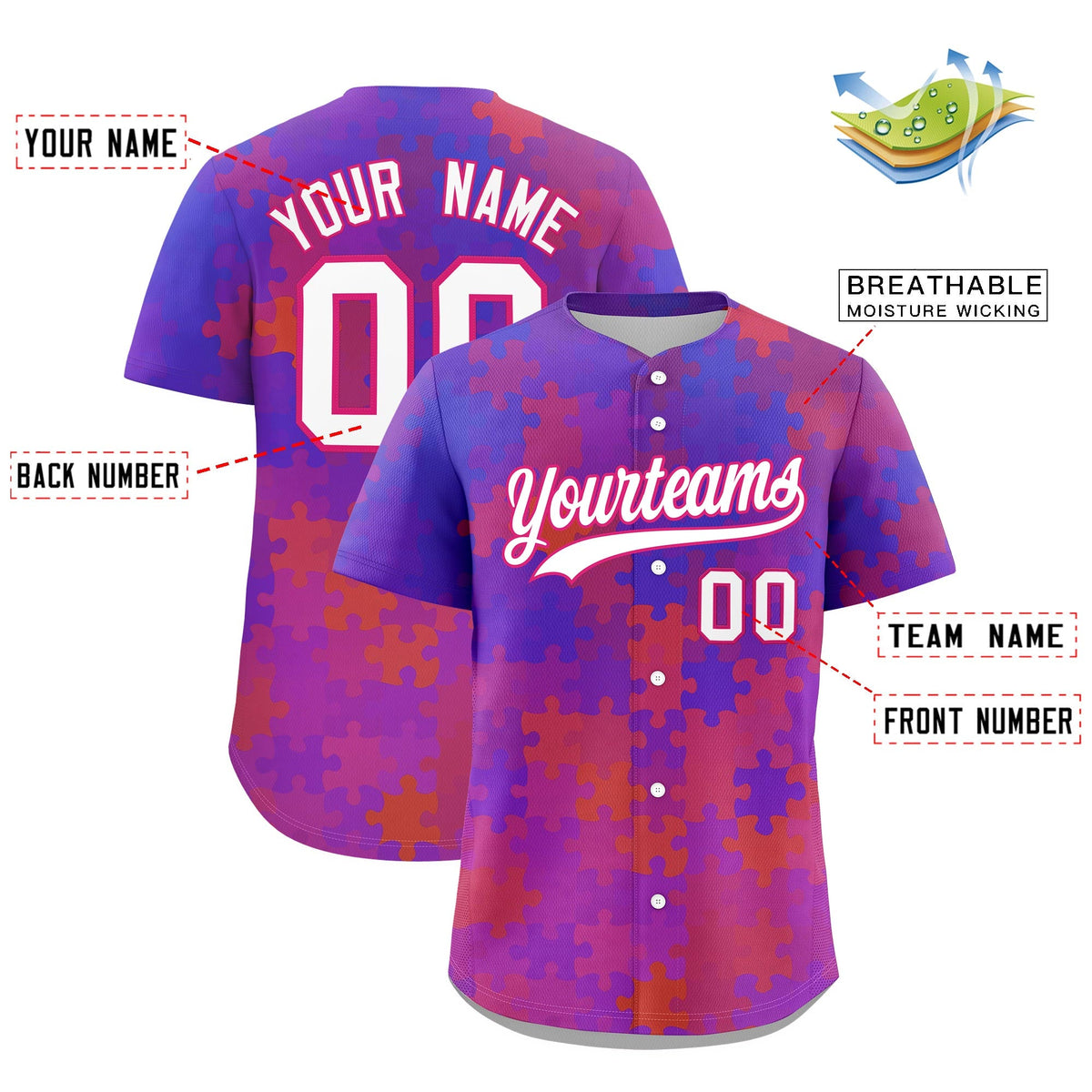 Custom White Rose Red Puzzle Elements Baseball Jersey | Sublimation Printed & Stitched,Add Name and Numbern,Perfect for Teams | KXKSHOP