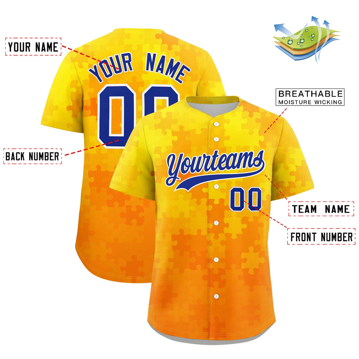 Custom Yellow Royal Blue White Puzzle Elements Baseball Jersey | Sublimation Printed & Stitched,Add Name and Numbern,Perfect for Teams | KXKSHOP