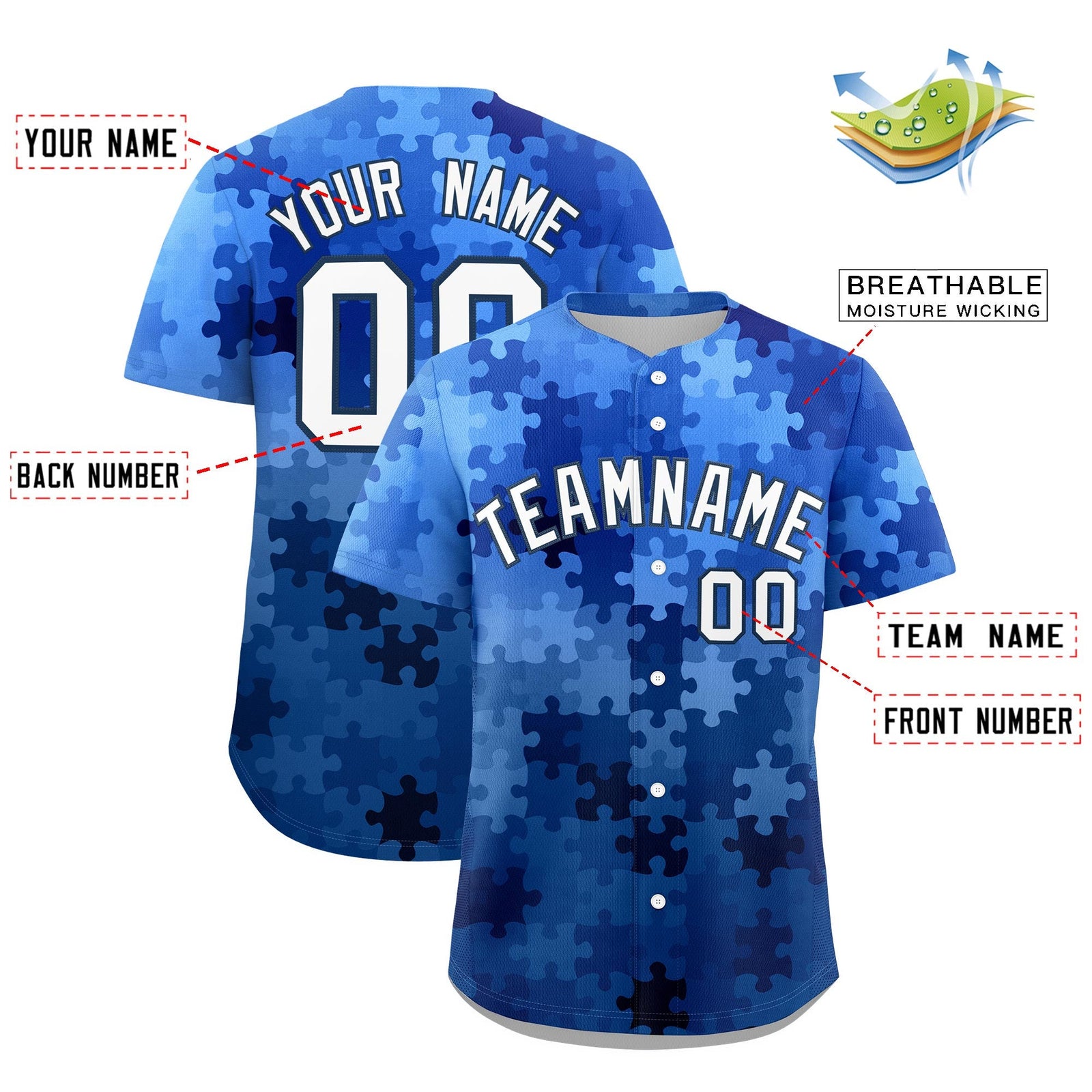 Custom White Midnight Blue Puzzle Elements Baseball Jersey | Sublimation Printed & Stitched,Add Name and Numbern,Perfect for Teams | KXKSHOP