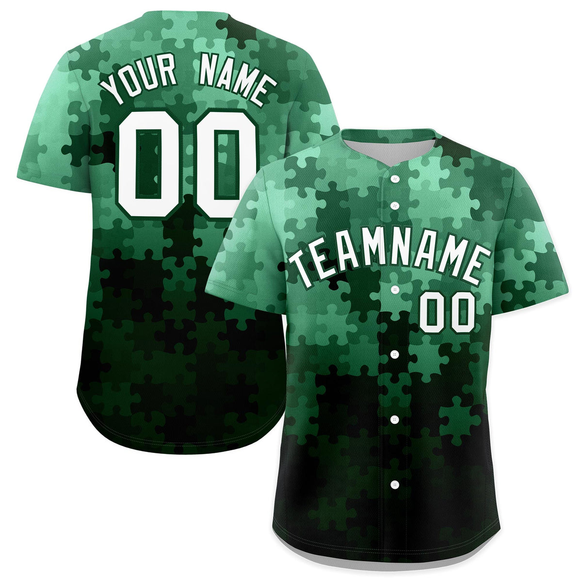 Custom White Green Puzzle Elements Baseball Jersey | Sublimation Printed &amp; Stitched,Add Name and Numbern,Perfect for Teams | KXKSHOP