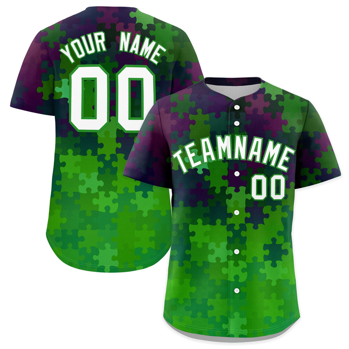 Custom White Light Green Puzzle Elements Baseball Jersey | Sublimation Printed & Stitched,Add Name and Numbern,Perfect for Teams | KXKSHOP