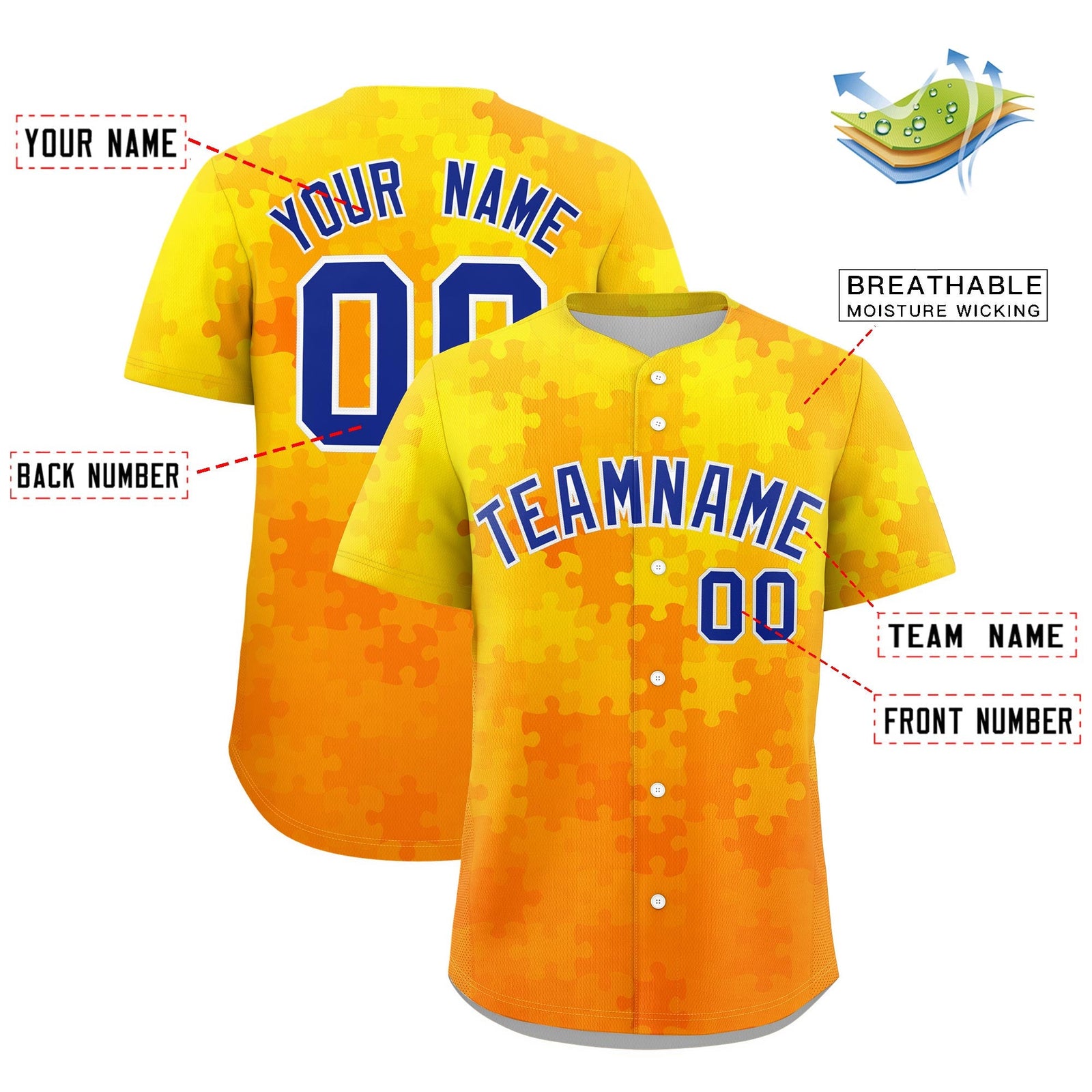 Custom Yellow Royal Blue White Puzzle Elements Baseball Jersey | Sublimation Printed & Stitched,Add Name and Numbern,Perfect for Teams | KXKSHOP