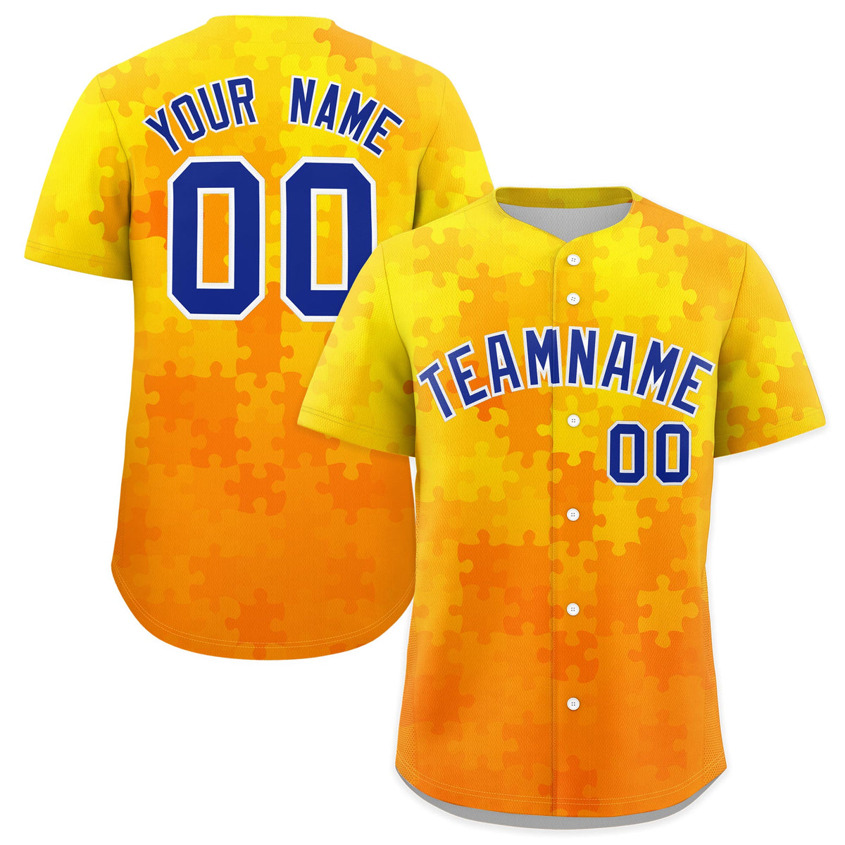 Custom Yellow Royal Blue White Puzzle Elements Baseball Jersey | Sublimation Printed & Stitched,Add Name and Numbern,Perfect for Teams | KXKSHOP