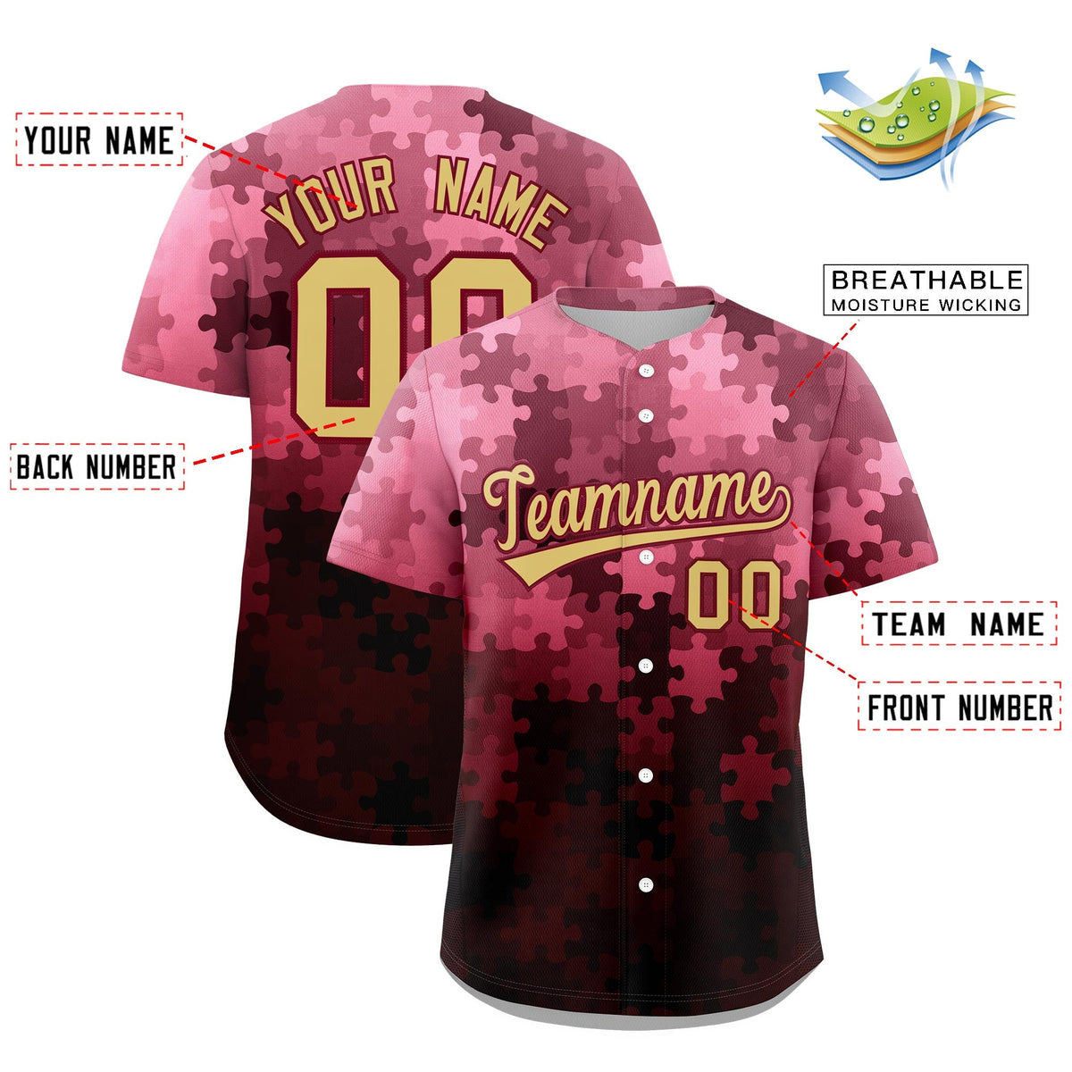 Custom Khaki Crimson Puzzle Elements Baseball Jersey | Sublimation Printed & Stitched,Add Name and Numbern,Perfect for Teams | KXKSHOP
