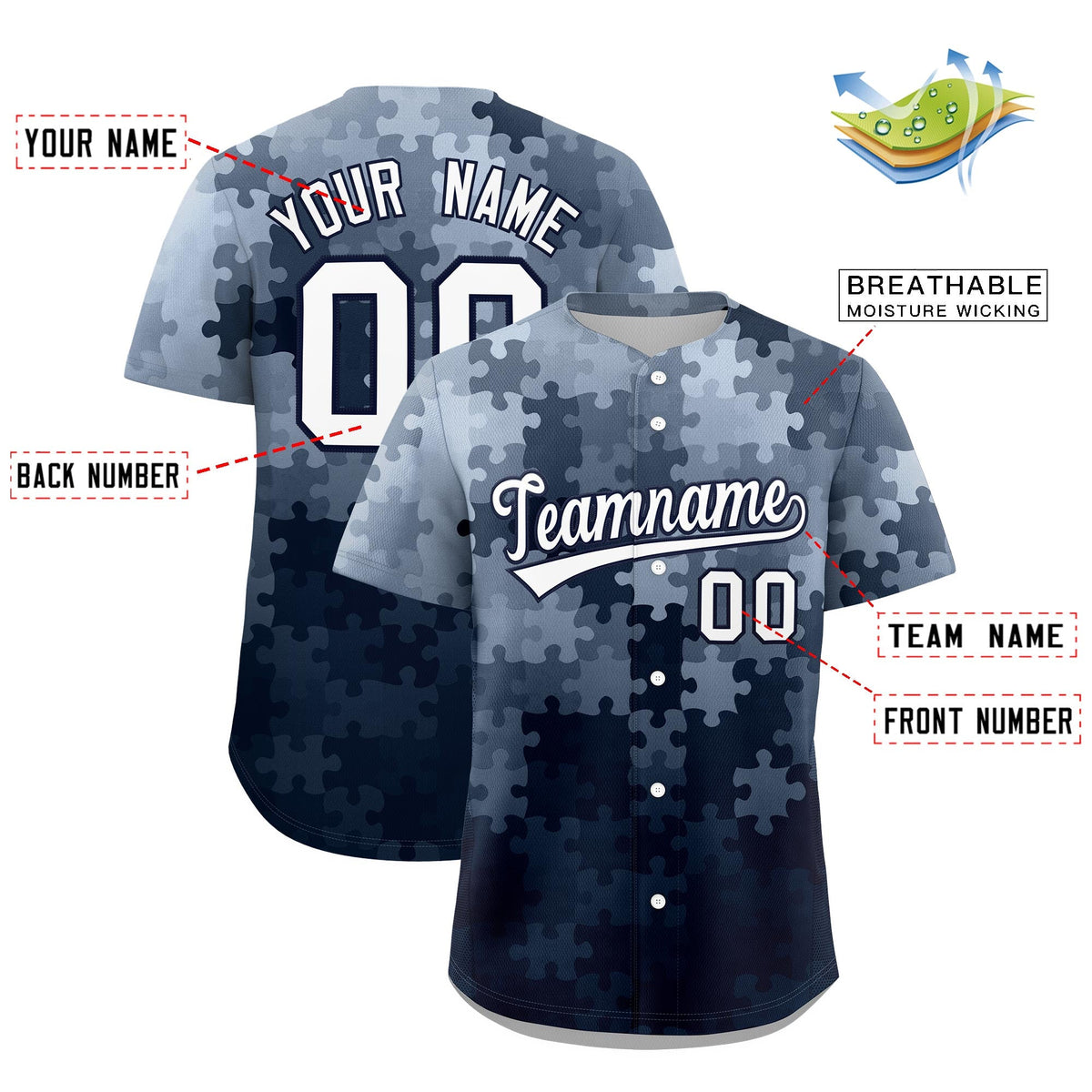 Custom White Navy Puzzle Elements Baseball Jersey | Sublimation Printed &amp; Stitched,Add Name and Numbern,Perfect for Teams | KXKSHOP