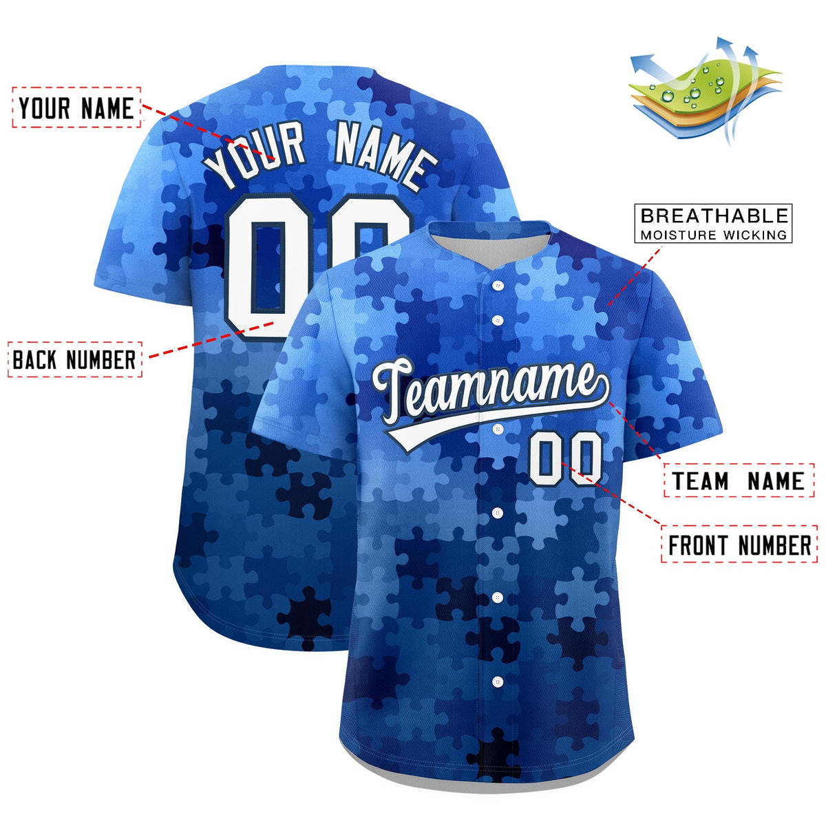 Custom White Midnight Blue Puzzle Elements Baseball Jersey | Sublimation Printed &amp; Stitched,Add Name and Numbern,Perfect for Teams | KXKSHOP