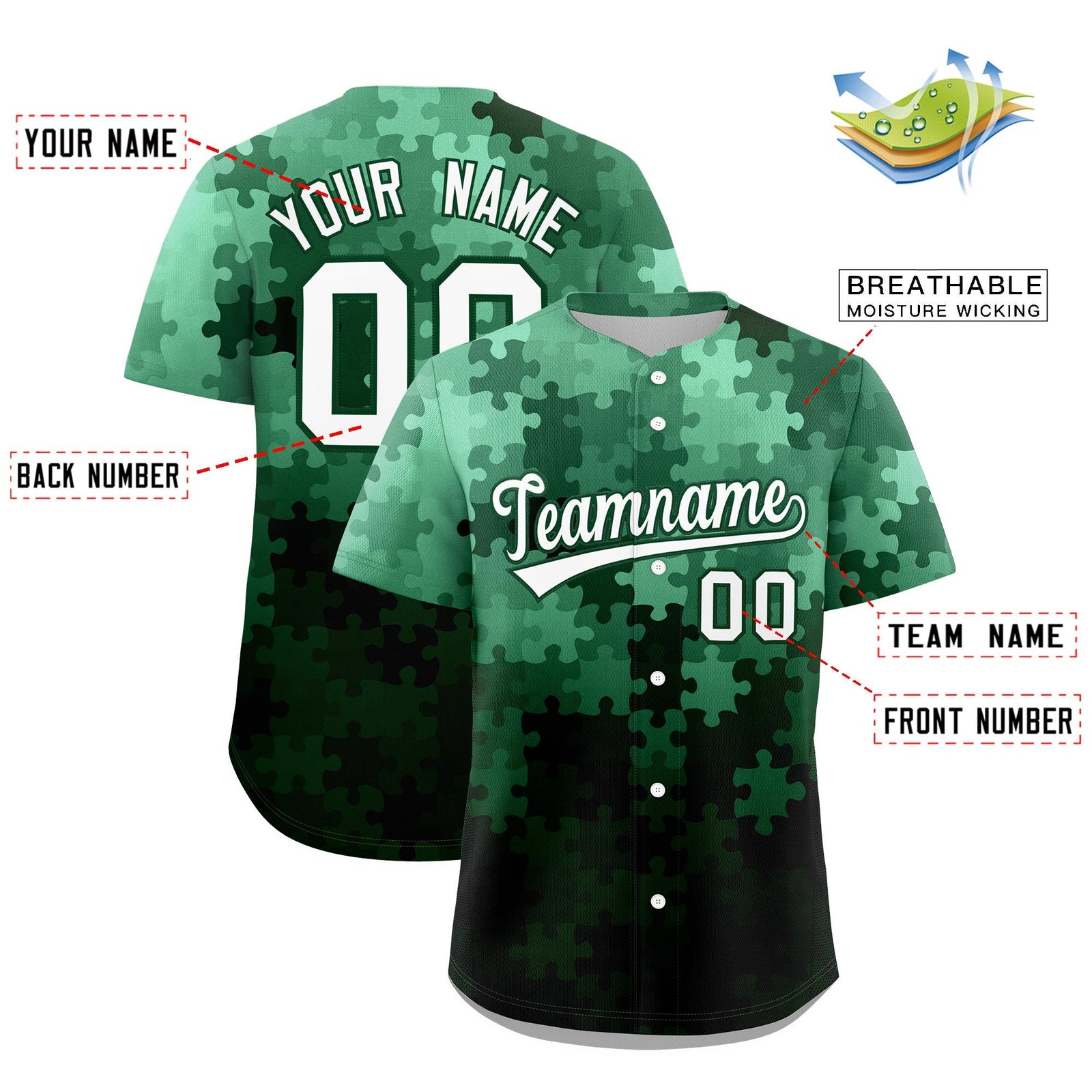Custom White Green Puzzle Elements Baseball Jersey | Sublimation Printed & Stitched,Add Name and Numbern,Perfect for Teams | KXKSHOP
