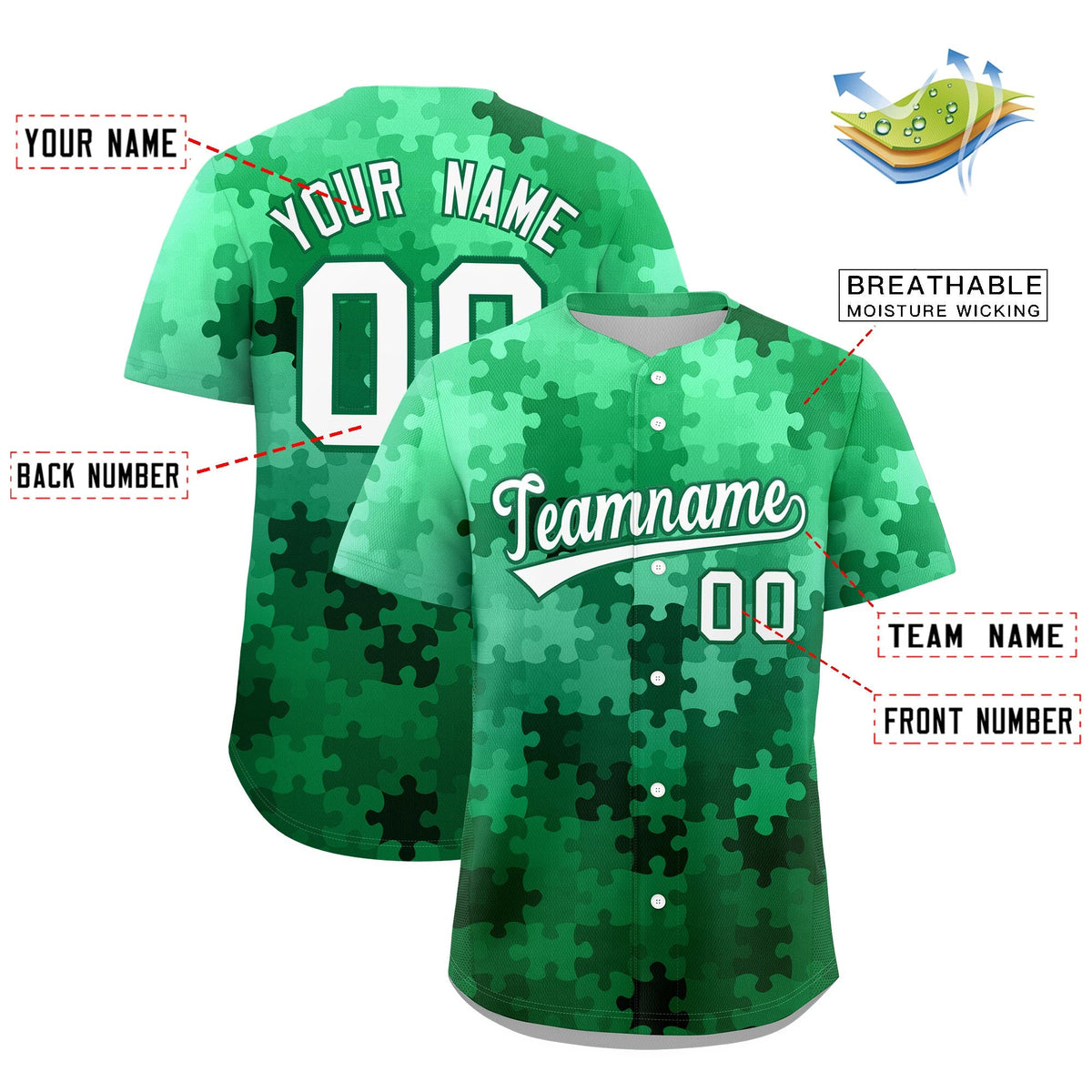 Custom White Kelly Green Puzzle Elements Baseball Jersey | Sublimation Printed &amp; Stitched,Add Name and Numbern,Perfect for Teams | KXKSHOP