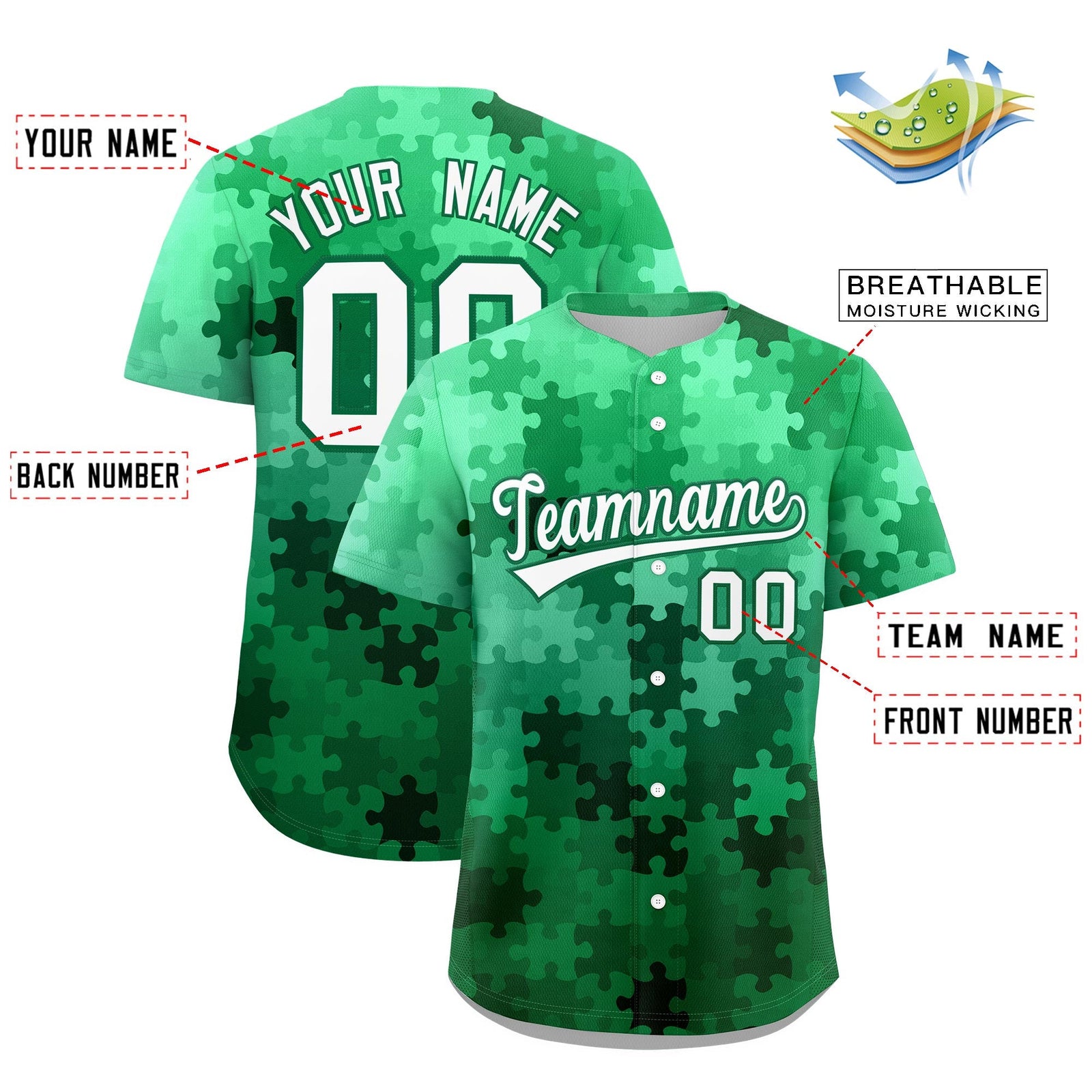 Custom White Kelly Green Puzzle Elements Baseball Jersey | Sublimation Printed & Stitched,Add Name and Numbern,Perfect for Teams | KXKSHOP