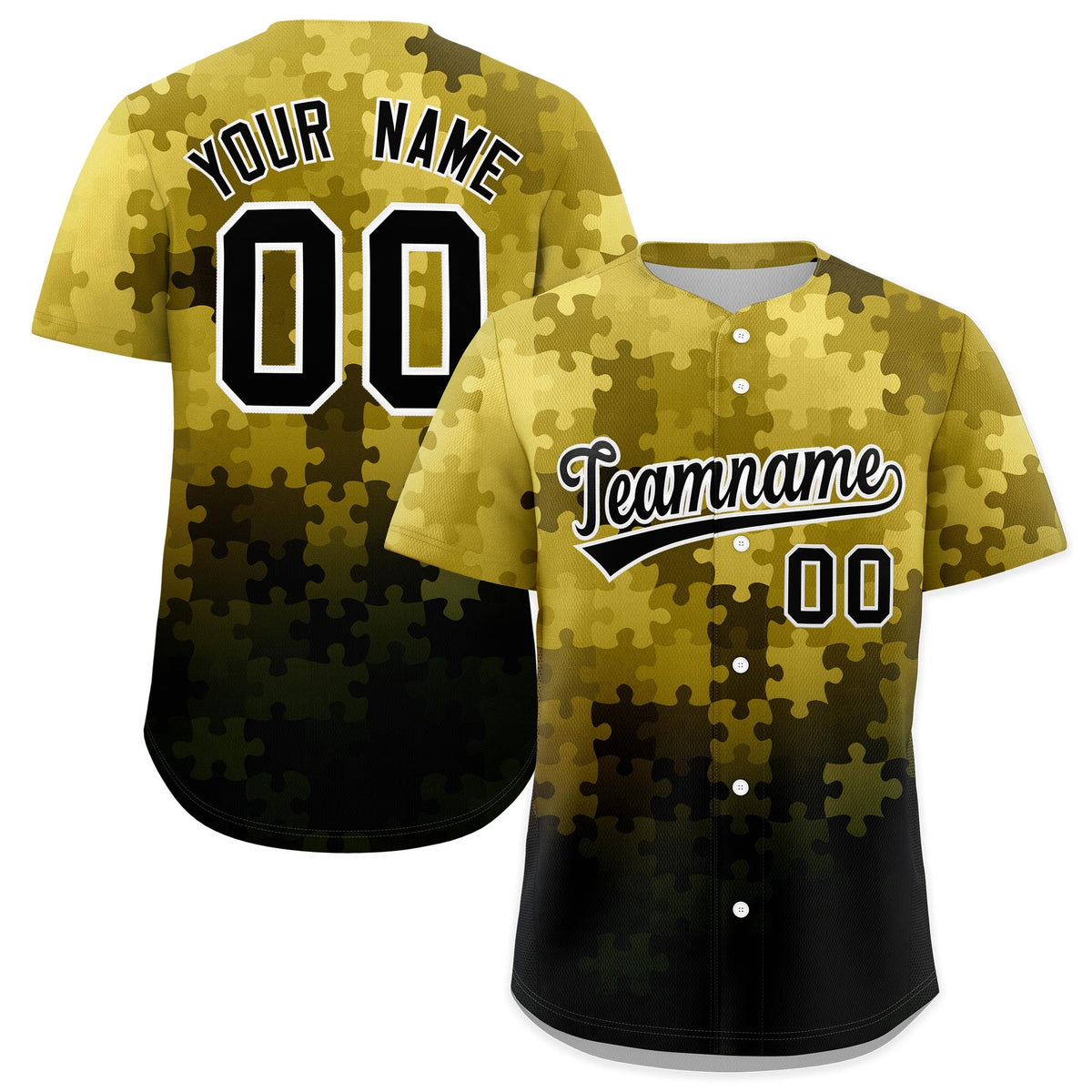 Custom Old Gold White Black Puzzle Elements Baseball Jersey | Sublimation Printed &amp; Stitched,Add Name and Numbern,Perfect for Teams | KXKSHOP
