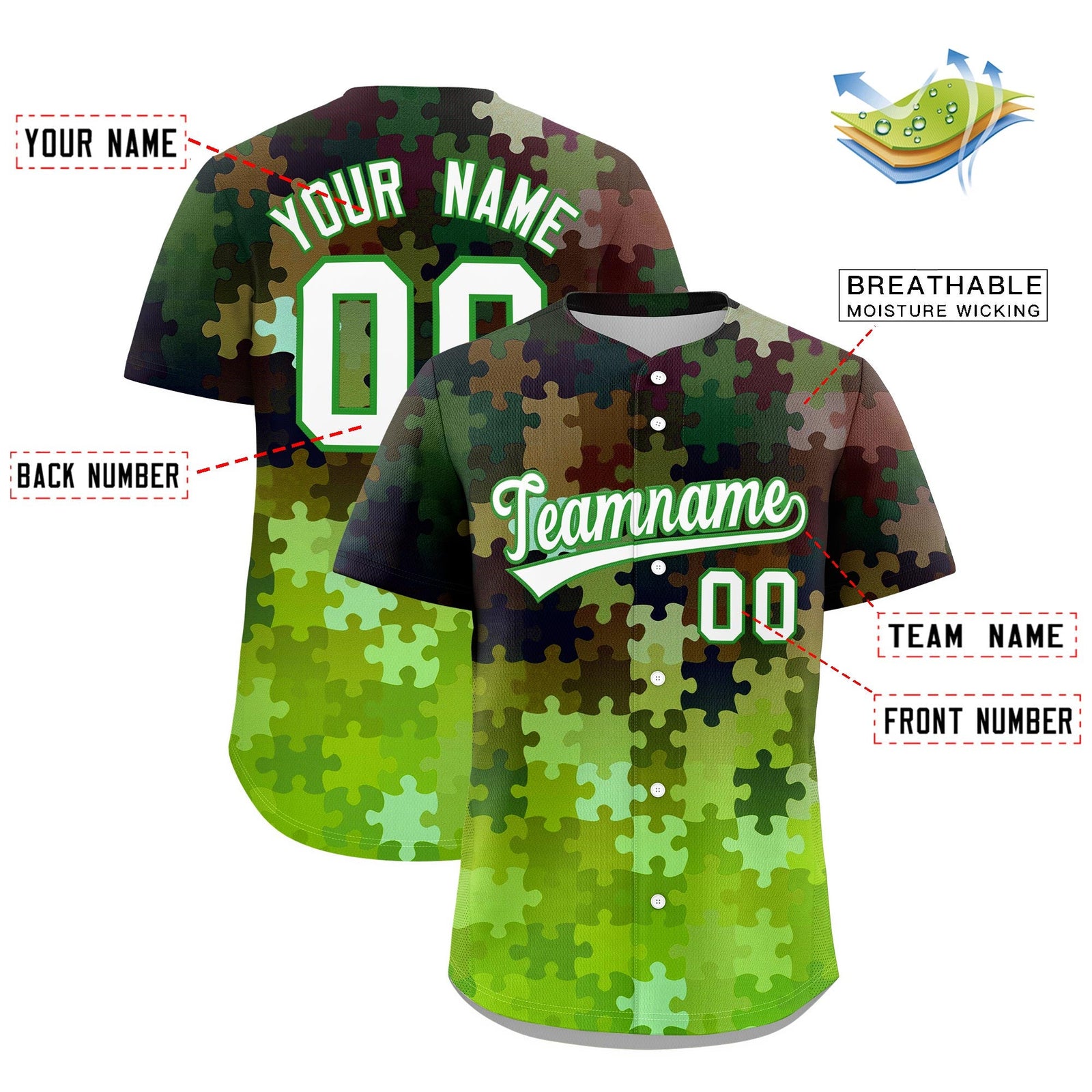 Custom Light Green White Puzzle Elements Baseball Jersey | Sublimation Printed & Stitched,Add Name and Numbern,Perfect for Teams | KXKSHOP