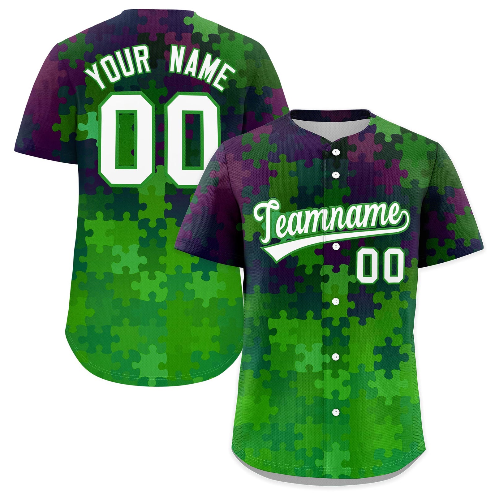 Custom White Light Green Puzzle Elements Baseball Jersey | Sublimation Printed & Stitched,Add Name and Numbern,Perfect for Teams | KXKSHOP