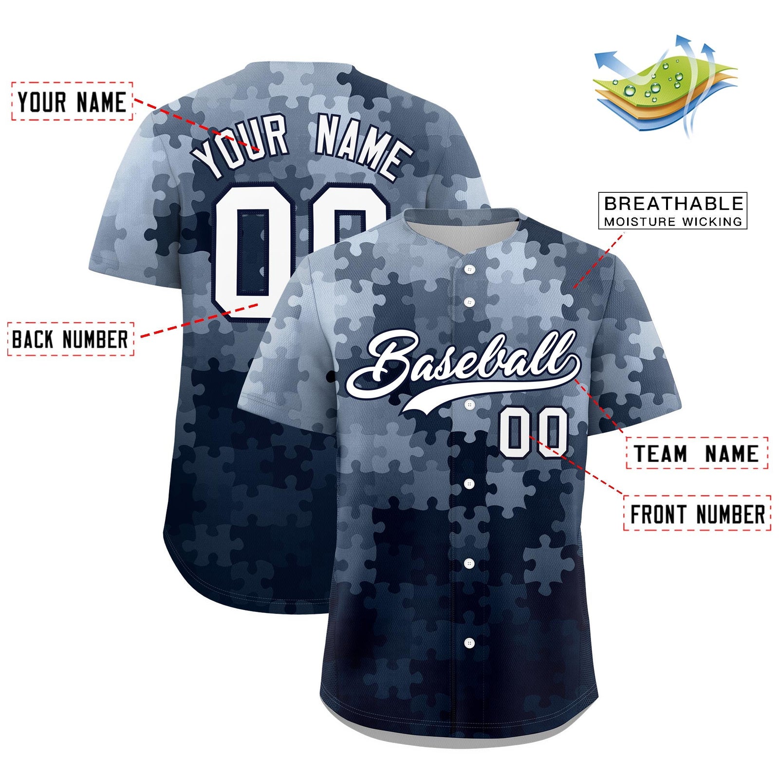 Custom White Navy Puzzle Elements Baseball Jersey | Sublimation Printed & Stitched,Add Name and Numbern,Perfect for Teams | KXKSHOP