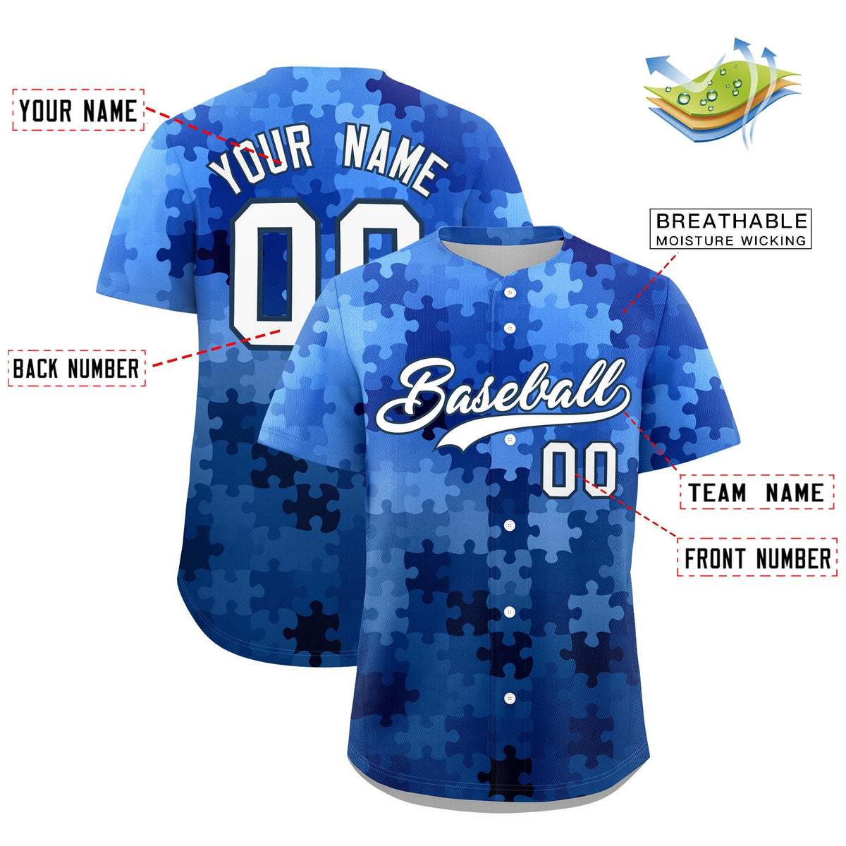 Custom White Midnight Blue Puzzle Elements Baseball Jersey | Sublimation Printed &amp; Stitched,Add Name and Numbern,Perfect for Teams | KXKSHOP