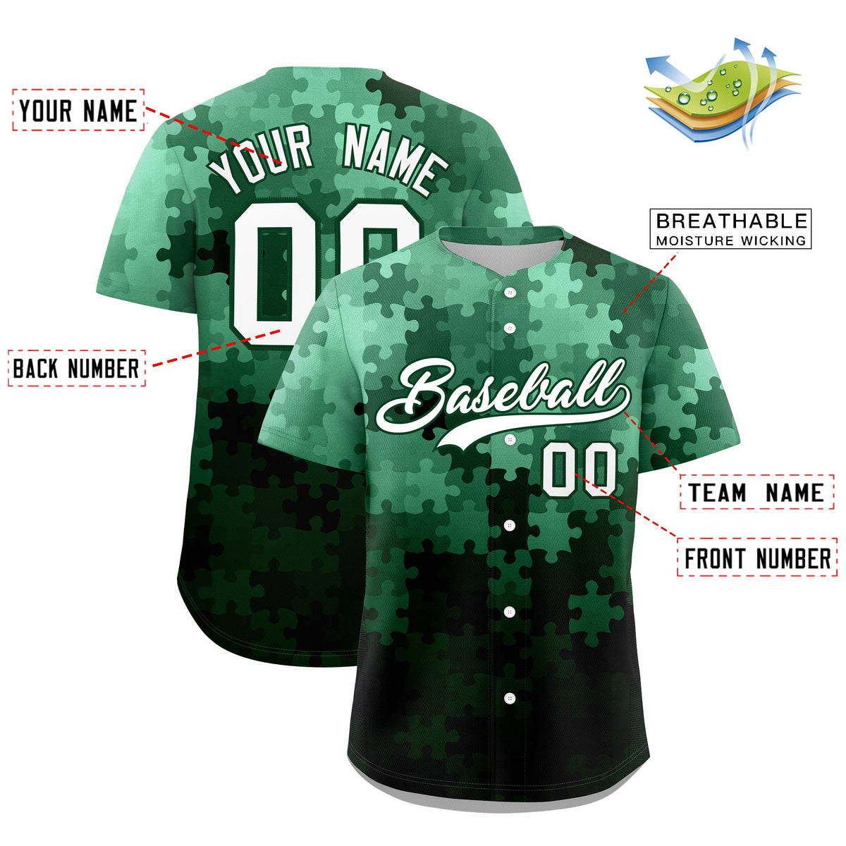 Custom White Green Puzzle Elements Baseball Jersey | Sublimation Printed &amp; Stitched,Add Name and Numbern,Perfect for Teams | KXKSHOP