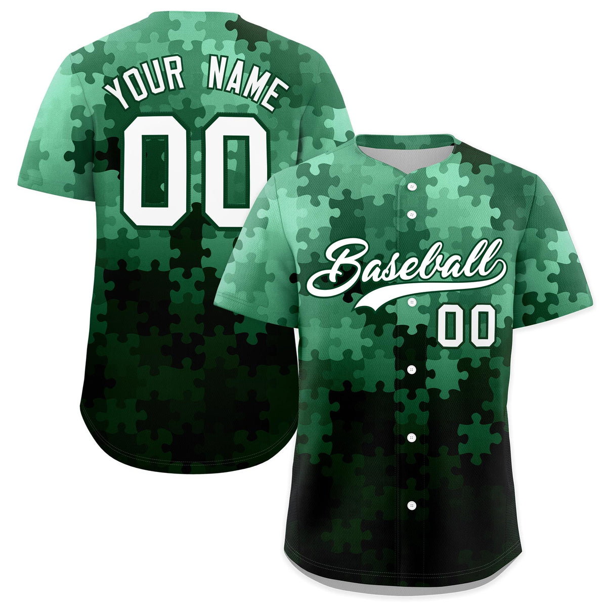Custom White Green Puzzle Elements Baseball Jersey | Sublimation Printed &amp; Stitched,Add Name and Numbern,Perfect for Teams | KXKSHOP